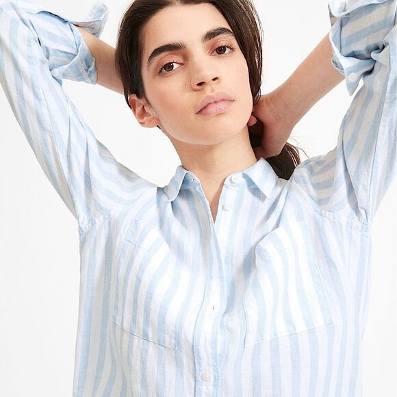 Everlane Linen Dress Blue & White Striped Collared Shirt Dress Size 00 - Picture 3 of 10